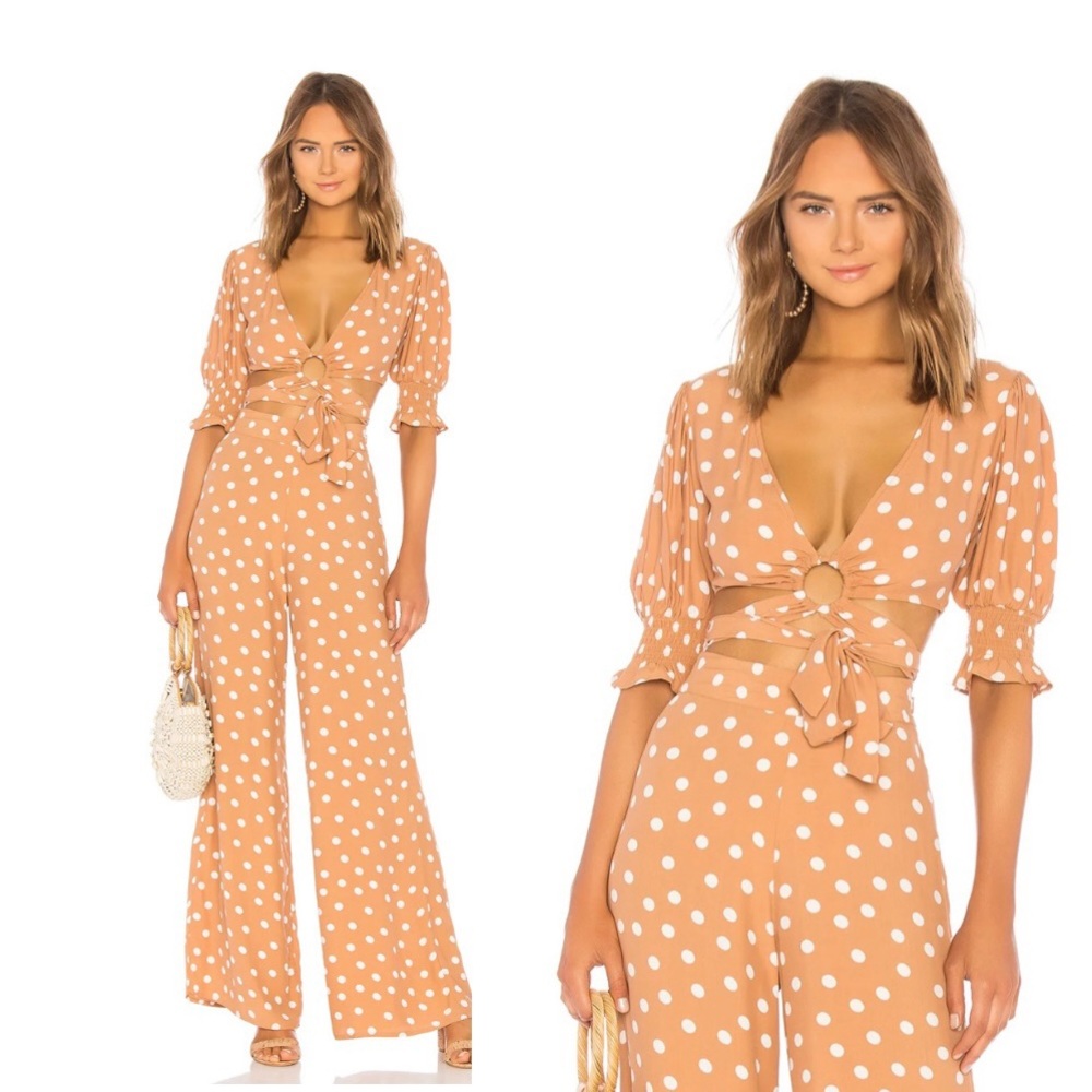 Tularosa Tan Polka Dot Wide Leg Jumpsuit